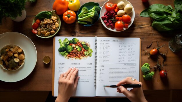 Foto pessoa que planeja escrever as refeições semanais numa nota de planeamento de refeições ou um plano de dieta com alimentos saudáveis