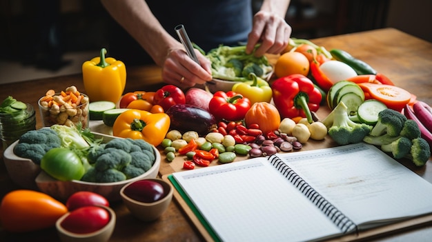 pessoa que planeja escrever refeições semanais em uma nota de planejamento de refeições ou plano de dieta com alimentos saudáveis