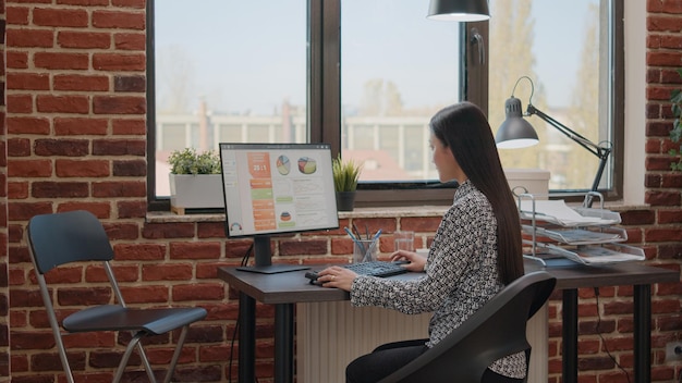 Pessoa que usa o computador para projetar gráficos de negócios e planejar o projeto. Mulher trabalhando com estratégia de marketing para ajudar no crescimento e desenvolvimento da empresa no escritório de inicialização. Empregado no trabalho