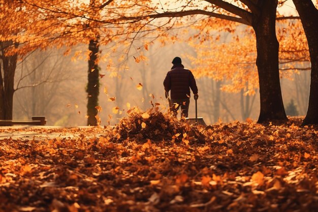 Foto pessoa raspando folhas no outono ia geradora