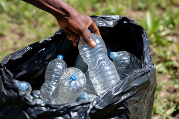 Foto pessoa recolhendo garrafas de plástico do lixo