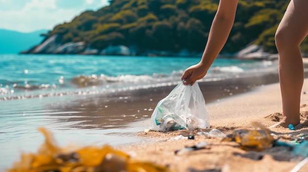 Pessoa recolhendo lixo plástico em uma praia prístina Conservação Ambiental