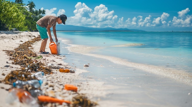 Pessoa recolhendo lixo plástico em uma praia prístina Conservação Ambiental