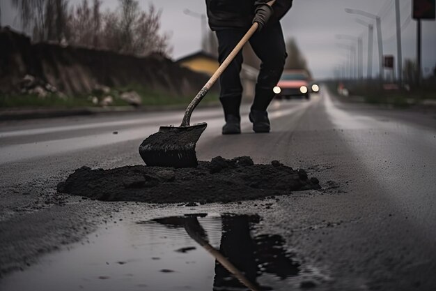Pessoa reparando buraco na superfície da estrada com pá