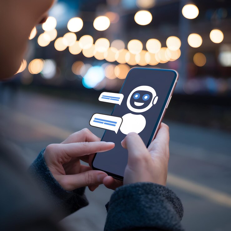 Foto pessoa segura um smartphone exibindo um chatbot com um rosto sorridente e bolhas de fala para social med