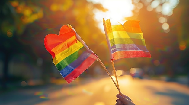 Pessoa segurando a bandeira do arco-íris na rua