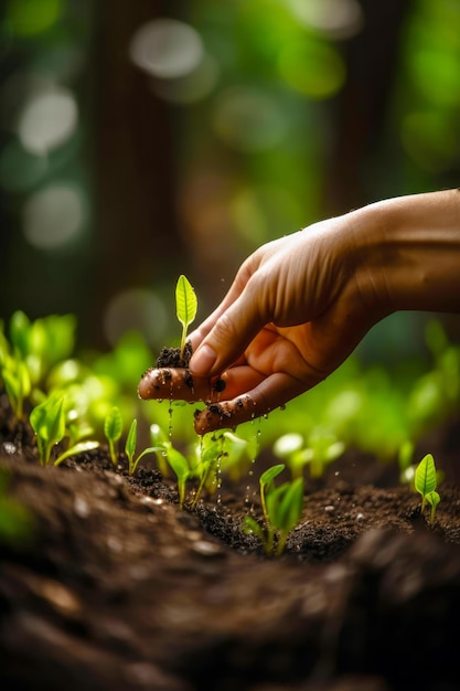 Foto pessoa segurando a planta na mão com sujeira no chão à sua frente generative ai