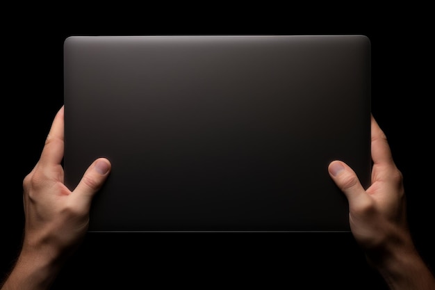 Pessoa segurando laptop preto em uma superfície branca ou clara PNG fundo transparente