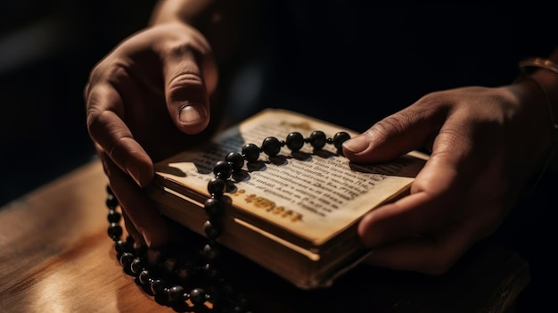 Foto pessoa segurando o rosário e o livro religioso eid al adha, a festa do sacrifício generative ai