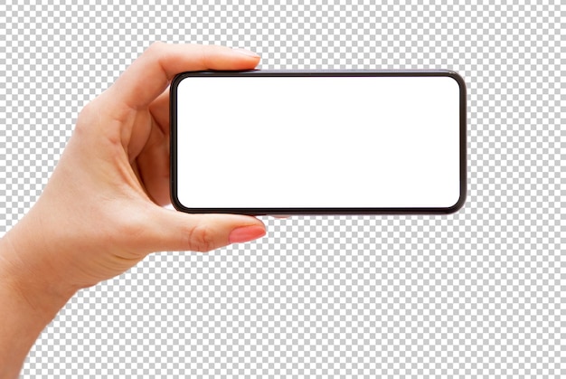 Foto pessoa segurando o telefone horizontalmente em uma maquete de mão para a câmera do telefone fundo transparente
