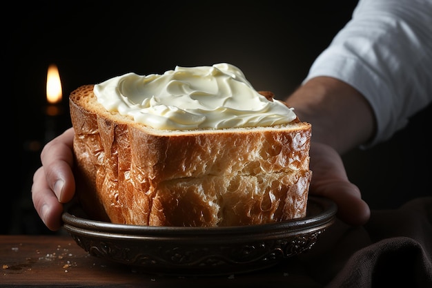 Foto pessoa segurando pão com creme branco