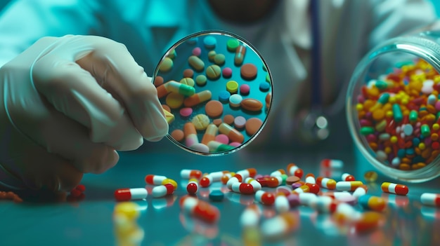 Pessoa segurando pílulas coloridas em uma lupa