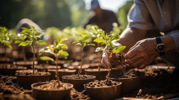 Foto pessoa segurando planta em vaso no jardim ia generativa