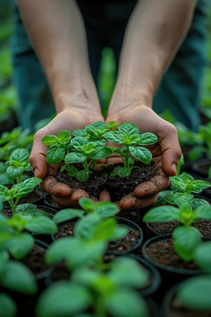 Foto pessoa segurando plantas jovens no solo closeup de mãos alimentando mudas