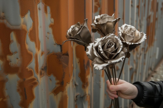 Pessoa segurando rosas metálicas contra uma parede de metal enferrujado