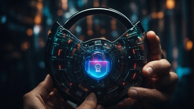 Foto pessoa segurando um logotipo de bloqueio de segurança cibernética cria uma renderização 3d de uma segurança cibernética