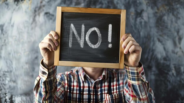 Foto pessoa segurando um quadro com no mensagem conceito de negação forte declaração simples e ousada camiseta a quadros e rosto obscurecido aumentam o protesto anônimo ai