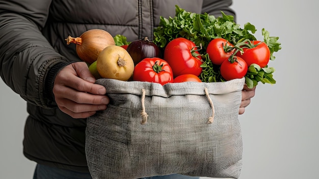 Pessoa segurando um saco cheio de legumes frescos, tomates, cebolas e verduras visíveis conceito de alimentação saudável imagem irreconhecível indivíduo promovendo mantimentos sustentáveis ia