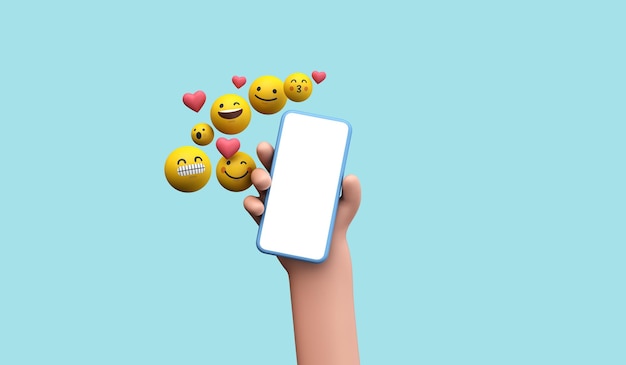 Pessoa segurando um smartphone com ícones de mídia social online emoji d renderização