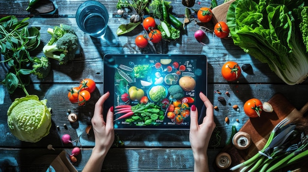 Pessoa Segurando Um Tablet Cercada Por Vegetais