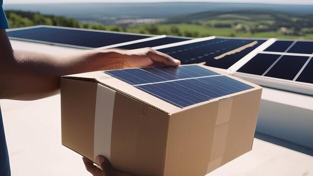 Pessoa segurando uma caixa de papelão com um painel solar