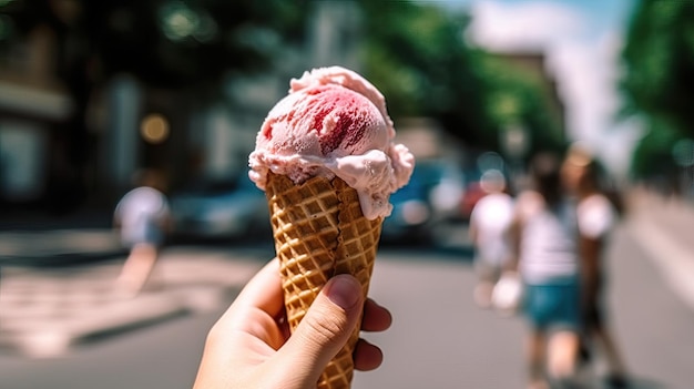 Pessoa segurando uma casquinha de sorvete de morango na rua Conceito de verão e férias