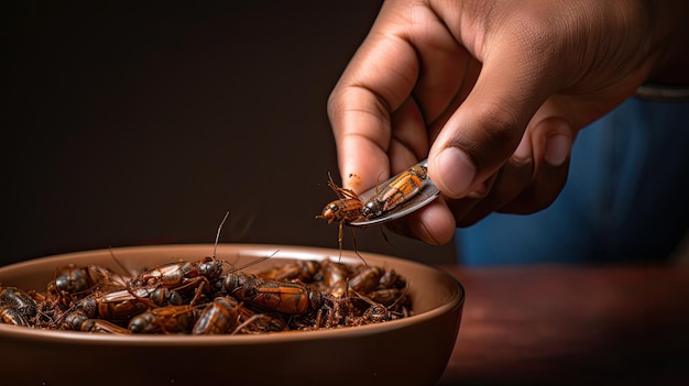 Pessoa segurando uma colher cheia de insetos em exposição para curiosidade e análise