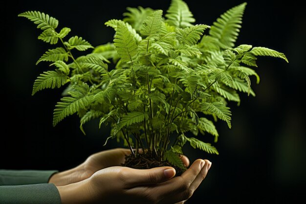 Foto pessoa segurando uma planta de samambaia verde