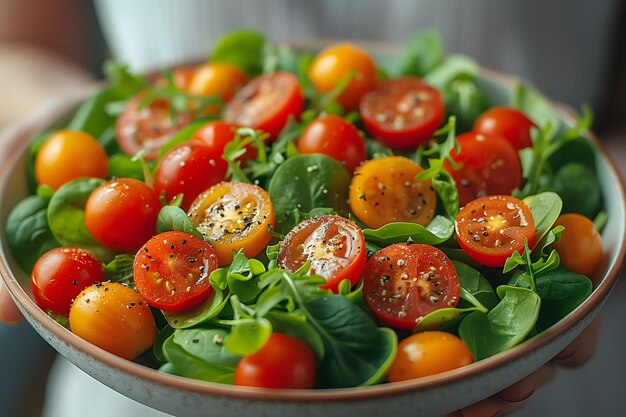 Pessoa segurando uma tigela de salada com tomates e espinafre