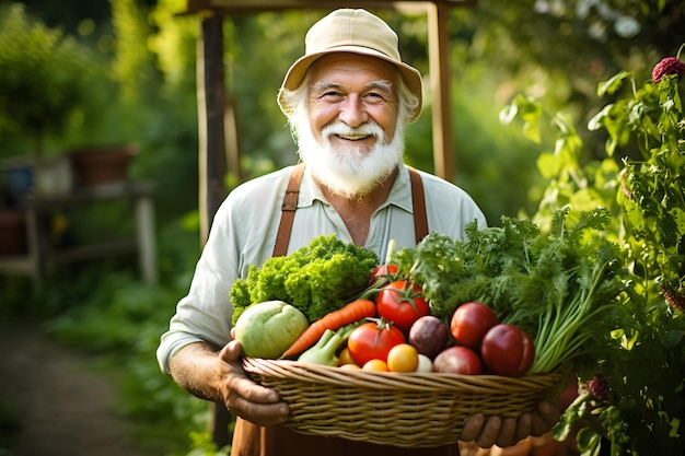 pessoa sênior segurando uma cesta de legumes sorrindo idoso maduro aposentado em seu jardim com