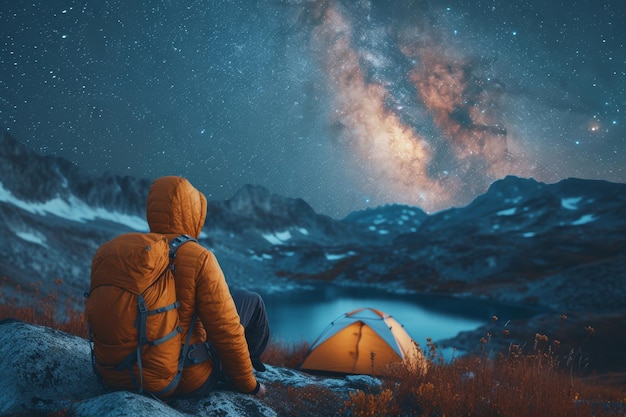 Pessoa sentada em uma rocha olhando para as estrelas