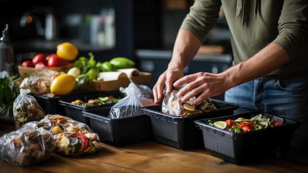 Pessoa separando materiais recicláveis de embalagens de alimentos, como papel IA generativa