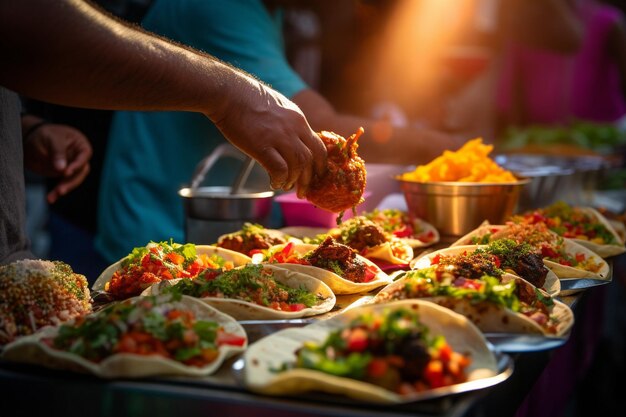 Pessoa servindo tacos de uma barraca de rua colorida