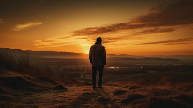 Pessoa solitária admirando um pôr do sol gerado por IA