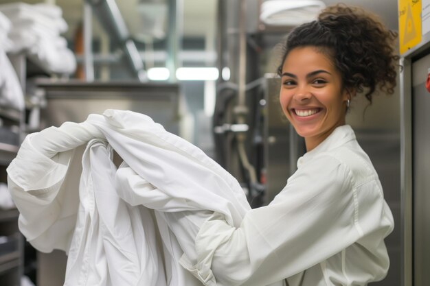 Foto pessoa sorridente na lavandaria segurando roupa fresca