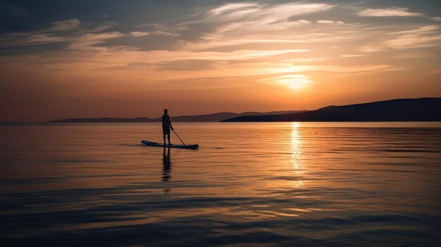 Pessoa stand up paddle boarding crepúsculo mar tranquilo pôr do sol Generative ai