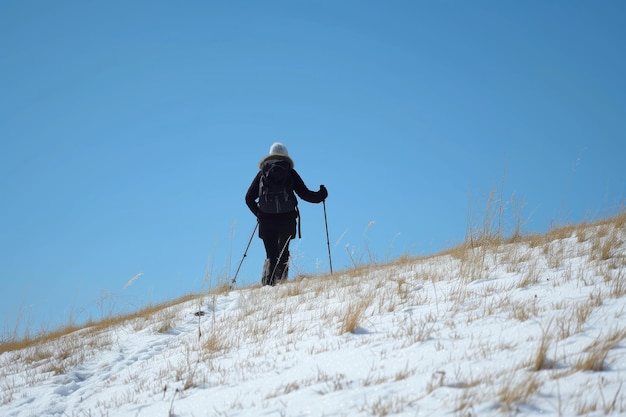 Pessoa subindo uma colina coberta de neve com postes na mão