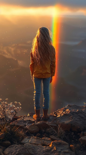 Pessoa testemunhando o arco-íris do pôr-do-sol do topo da montanha Revistas de viagens e aventuras conteúdo motivacional