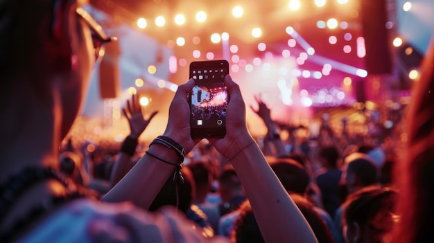 Pessoa tirando uma foto de um concerto com um telefone celular
