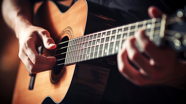 Pessoa tocando guitarra com as mãos Músico tocando guitarra acústica