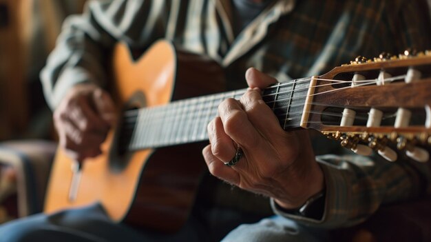 Pessoa tocando guitarra em close-up em mãos e cordas