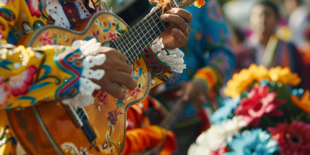 Pessoa tocando guitarra entre flores