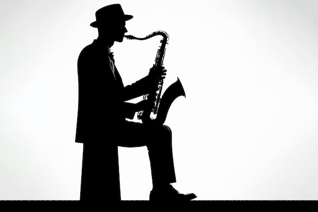 Foto pessoa tocando uma silhueta de saxofone isolada em fundo branco