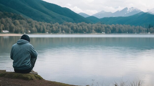 Pessoa triste e contemplativa perto do lago