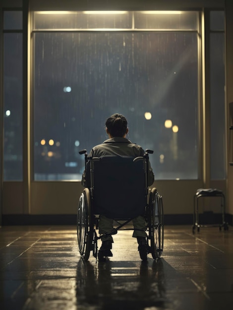 Foto pessoa triste em cadeira de rodas