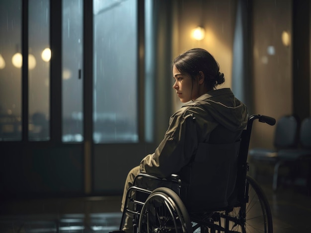 Foto pessoa triste em cadeira de rodas