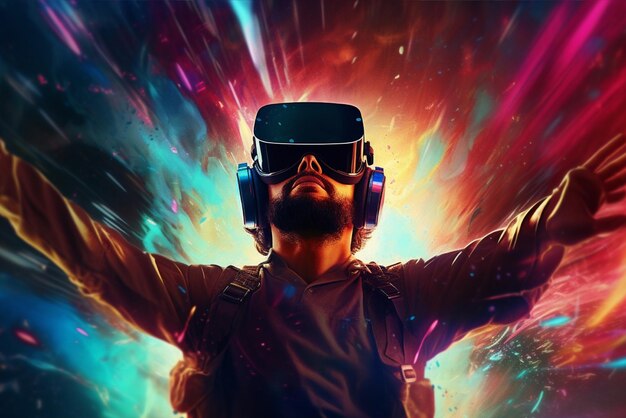 Foto pessoa usando óculos de realidade virtual conceito de tecnologia do futuro metaverso