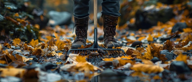 Pessoa usando rastrelo para limpar folhas caídas e detritos no jardim Conceito Jardinagem tarefas ao ar livre trabalho de quintal limpeza de outono Rastrelo de folhas