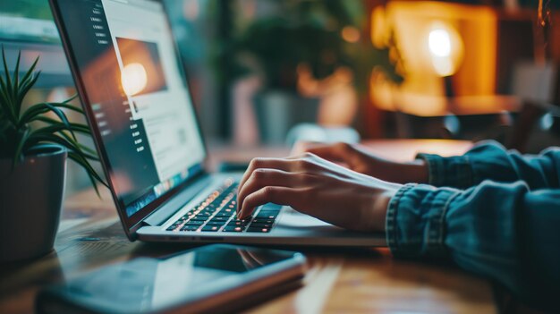 Pessoa usando um laptop com uma planta ao lado com iluminação quente