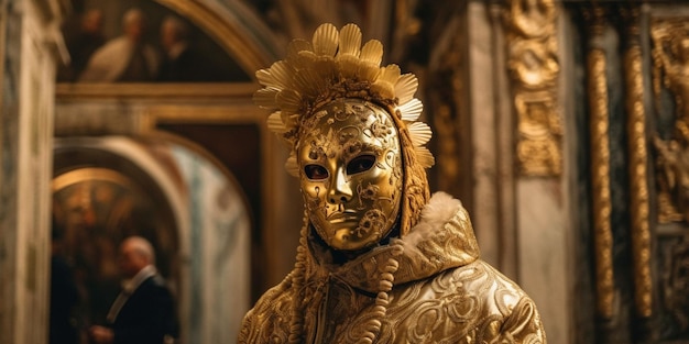 Pessoa vestindo uma máscara de ouro e fantasia de carnaval em pé no palácio do doge veneza itália carnaval veneziano